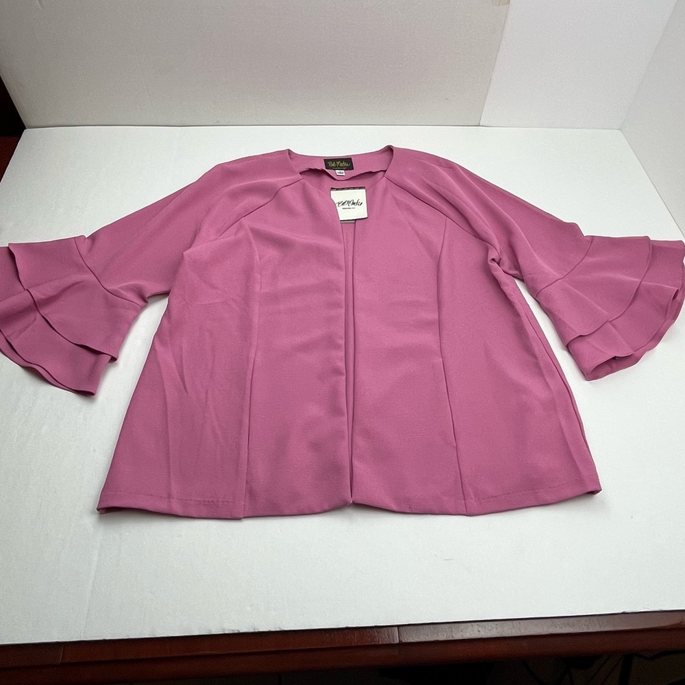Bob Mackie Wearable Art Ruffle Sleeve Open Jacket Womens SZ Large Pink NEW *FLAW